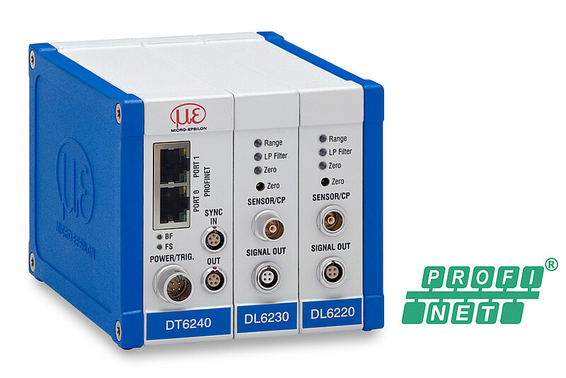 Capacitive standard measuring system with PROFINET: DT6240 controller with DL6220 and DL6230 demodulator